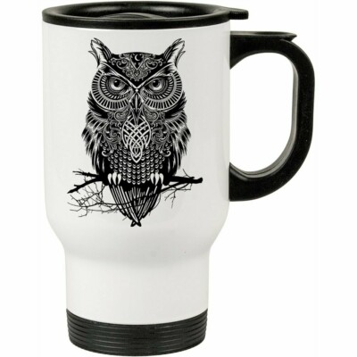 Caneca Térmica Coruja Guerreira Da Noite Preta 500ml Branca