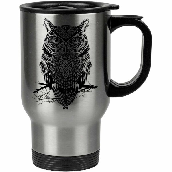 Caneca Térmica Coruja Guerreira Da Noite Preta 500ml Inox