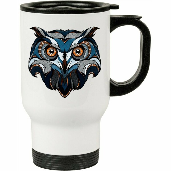 Caneca Térmica Coruja Linhas Azuis 500ml Branca
