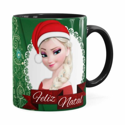 Caneca Feliz Natal Frozen Anna E Elza V01 Preta