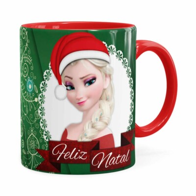 Caneca Feliz Natal Frozen Anna E Elza V01 Vermelha