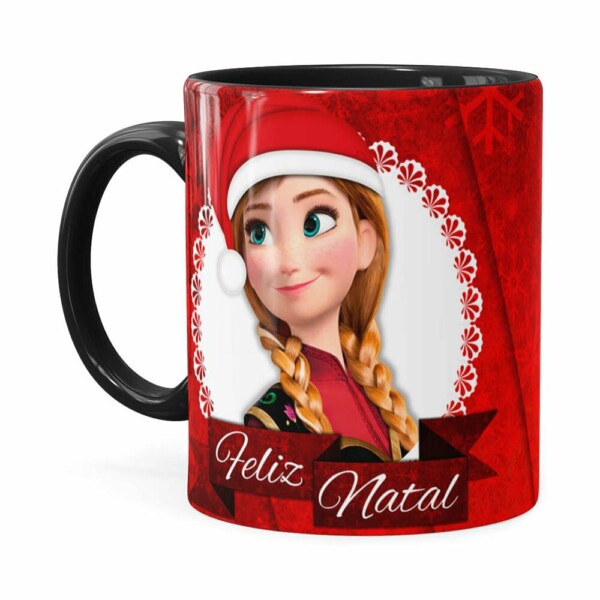 Caneca Feliz Natal Frozen Anna E Elza V02 Preta