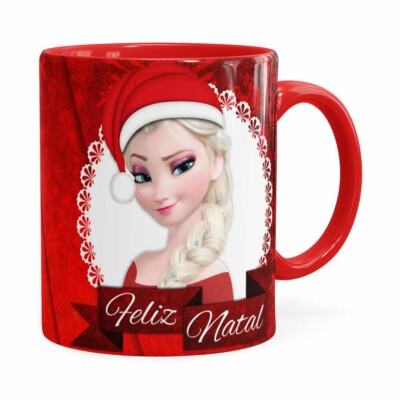 Caneca Feliz Natal Frozen Anna E Elza V02 Vermelha