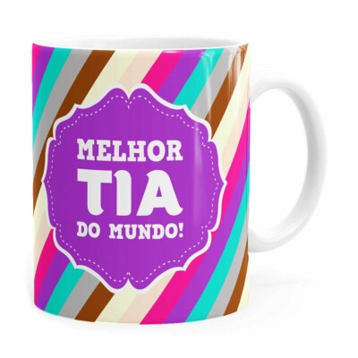 Caneca Melhor Tia Do Mundo Listras Coloridas Branca