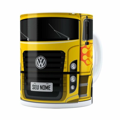 Caneca Personalizada Truck Amarelo V01 Com Nome Branca