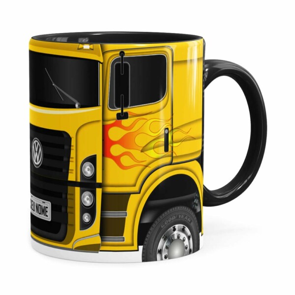 Caneca Personalizada Truck Amarelo V01 Com Nome Preta