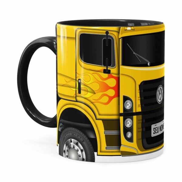 Caneca Personalizada Truck Amarelo V01 Com Nome Preta