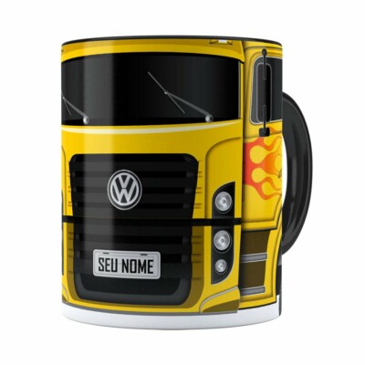Caneca Personalizada Truck Amarelo V01 Com Nome Preta