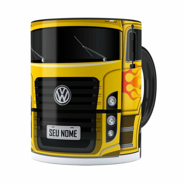 Caneca Personalizada Truck Amarelo V01 Com Nome Preta