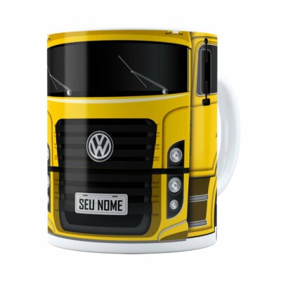 Caneca Personalizada Truck Amarelo V02 Com Nome Branca