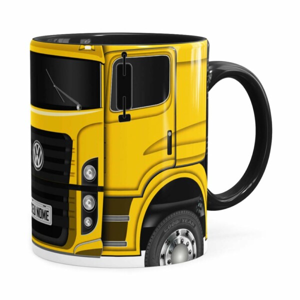 Caneca Personalizada Truck Amarelo V02 Com Nome Preta