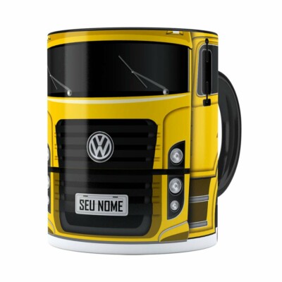 Caneca Personalizada Truck Amarelo V02 Com Nome Preta