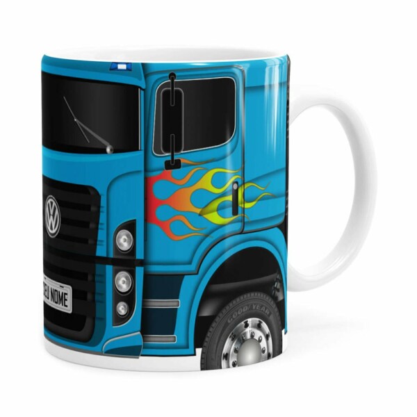 Caneca Personalizada Truck Azul V01 Com Nome Branca
