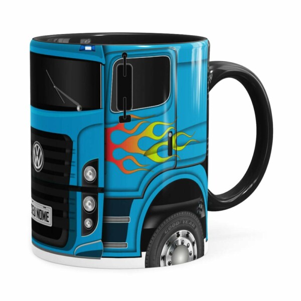 Caneca Personalizada Truck Azul V01 Com Nome Preta