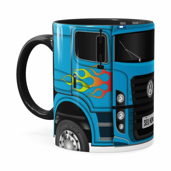 Caneca Personalizada Truck Azul V01 Com Nome Preta