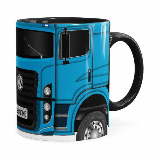 Caneca Personalizada Truck Azul V02 Com Nome Preta