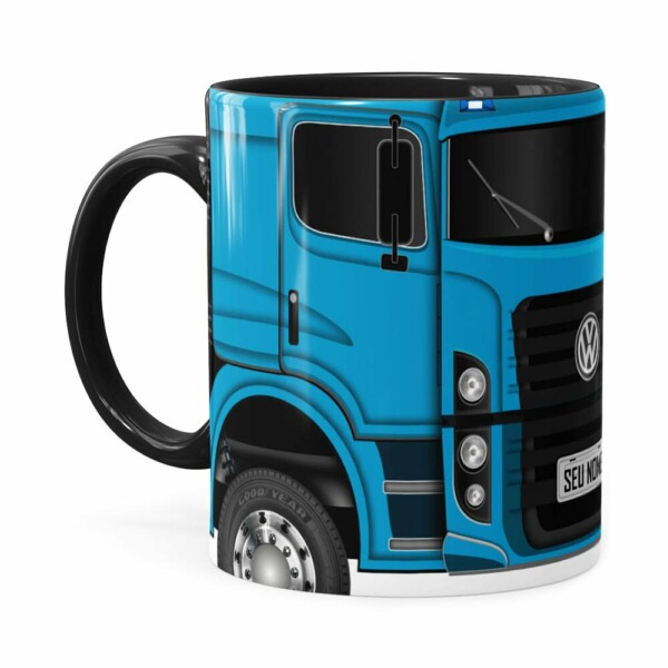 Caneca Personalizada Truck Azul V02 Com Nome Preta