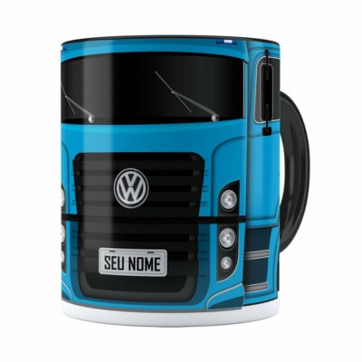 Caneca Personalizada Truck Azul V02 Com Nome Preta