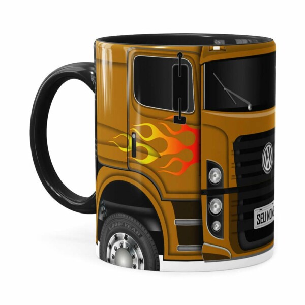 Caneca Personalizada Truck Mostarda V01 Com Nome Preta