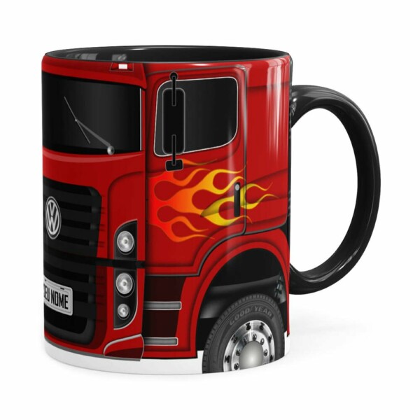 Caneca Personalizada Truck Vermelho V01 Com Nome Preta