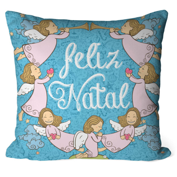 Almofada Anjos Trombeta Feliz Natal Azul