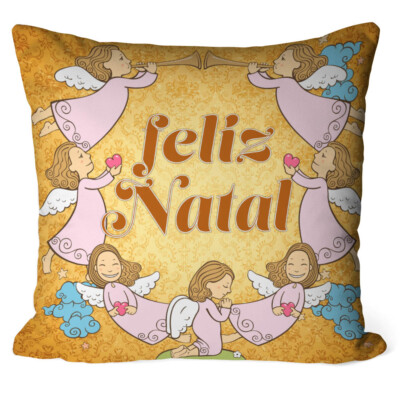 Almofada Anjos Trombeta Feliz Natal Dourada