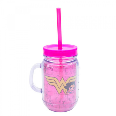 Caneca Mulher Maravilha De Plástico Com Canudo 420ml
