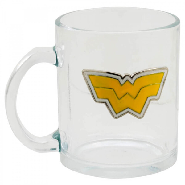 Caneca Mulher Maravilha Vidro Brasão Metal 370ml