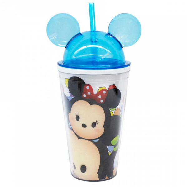 Copo Azul Mickey E Minnie Tsum Tsum Com Canudo E Orelhas 450ml