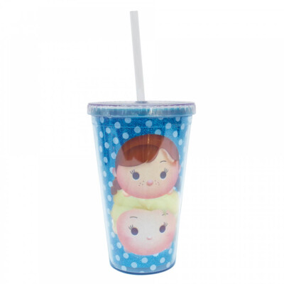 Copo Com Canudo Azul Anna E Elsa Frozen Tsum Tsum 450ml
