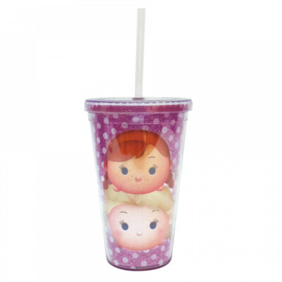 Copo Com Canudo Rosa Anna E Elsa Frozen Tsum Tsum 450ml