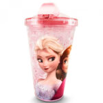 Copo Rosa Com Canudo E Tampa Gel Congelante Anna E Elsa Frozen 450ml