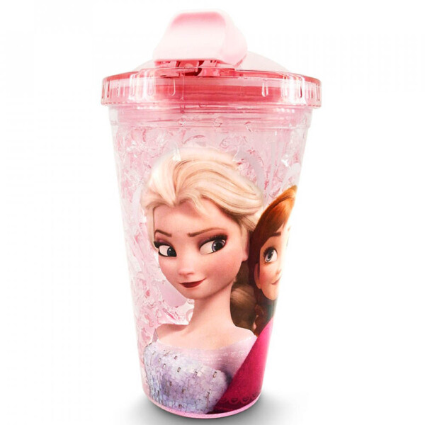 Copo Rosa Com Canudo E Tampa Gel Congelante Anna E Elsa Frozen 450ml