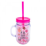 Caneca Com Tampa E Canudo Rosa Fashion 420ml