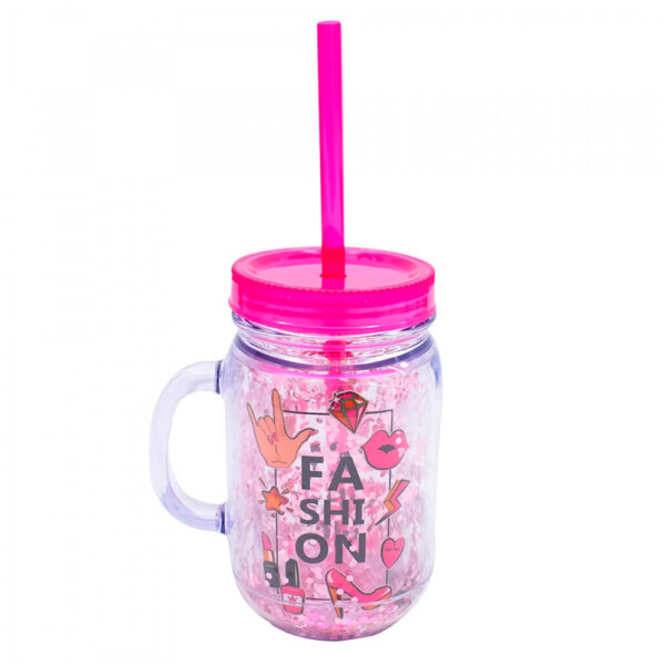 Caneca Com Tampa E Canudo Rosa Fashion 420ml