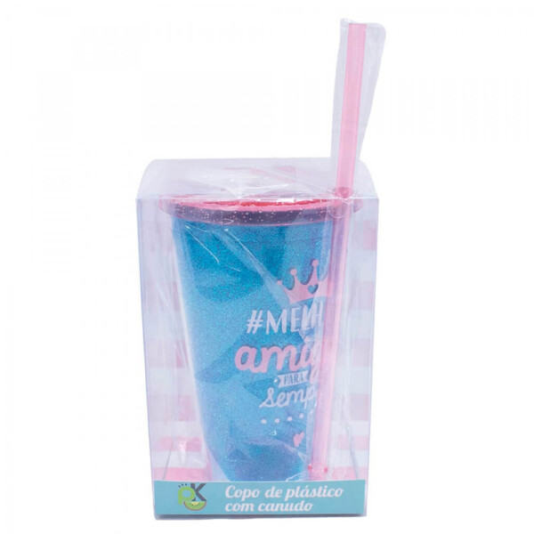 Copo Azul Com Canudo Melhores Amigas 450ml