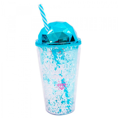 Copo Canudo Azul Semi Esfera Brilhe Como Um Diamante 450ml