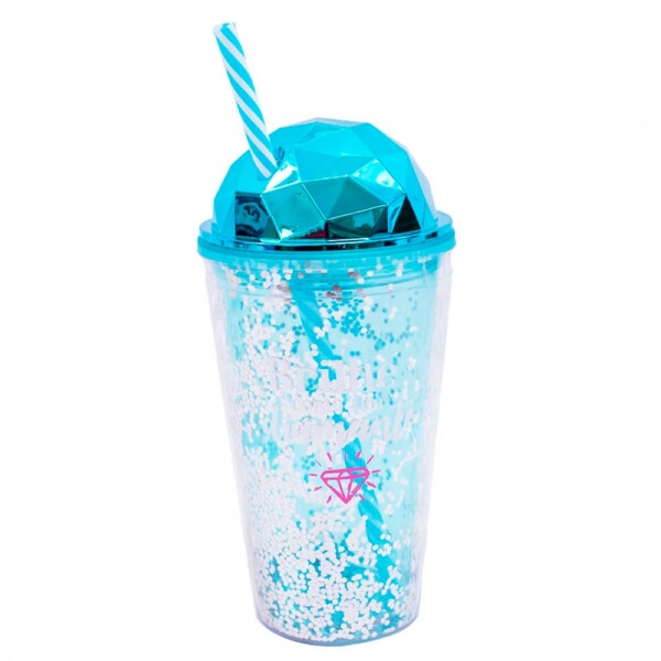 Copo Canudo Azul Semi Esfera Brilhe Como Um Diamante 450ml