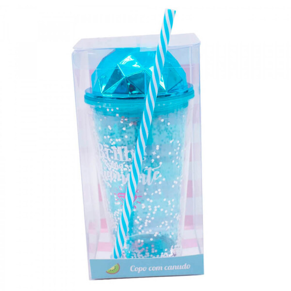 Copo Canudo Azul Semi Esfera Brilhe Como Um Diamante 450ml