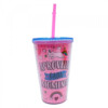 Copo Canudo Rosa Brilhante Gato Unicórnio 450ml