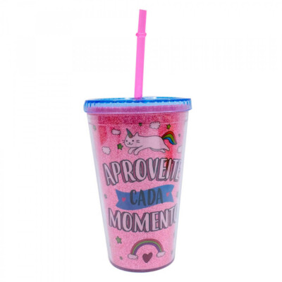 Copo Canudo Rosa Brilhante Gato Unicórnio 450ml