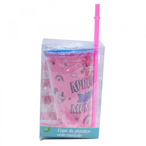 Copo Canudo Rosa Brilhante Gato Unicórnio 450ml