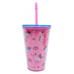 Copo Canudo Rosa Brilhante Gato Unicórnio 450ml