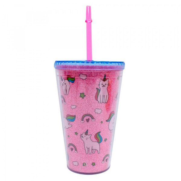 Copo Canudo Rosa Brilhante Gato Unicórnio 450ml