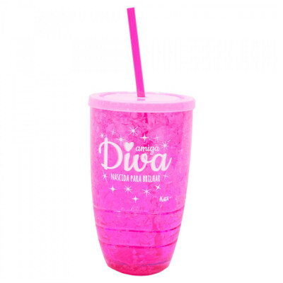 Copo Canudo Rosa Gel Congelante 500ml