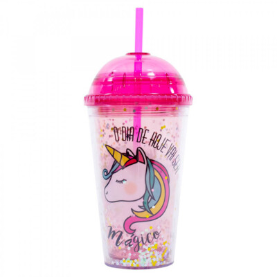 Copo Com Canudo Rosa Unicórnio 450ml