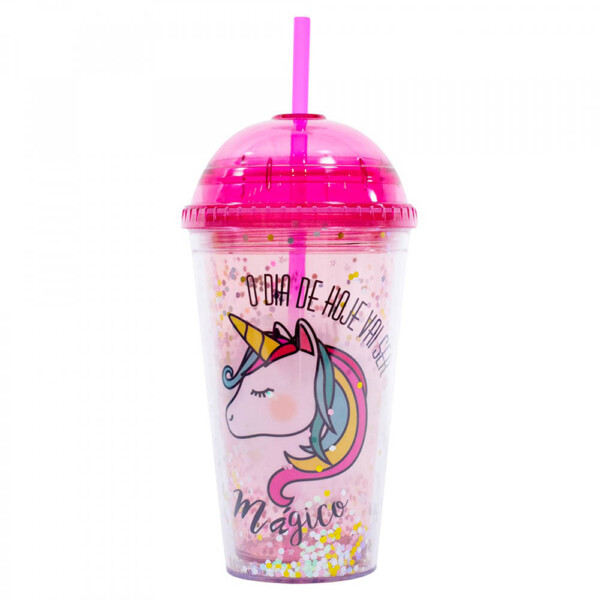 Copo Com Canudo Rosa Unicórnio 450ml
