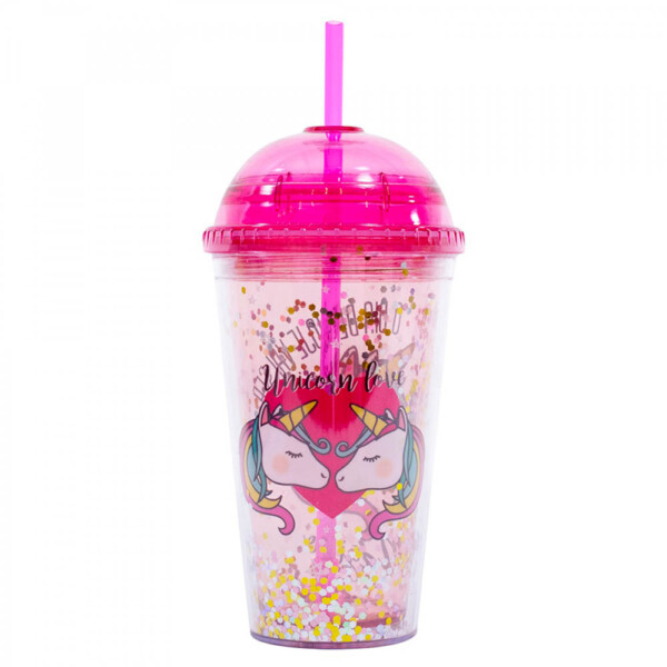 Copo Com Canudo Rosa Unicórnio 450ml