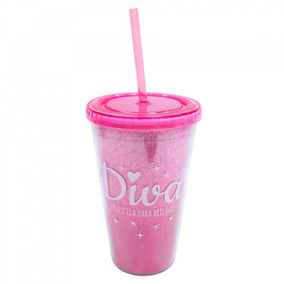 Copo Rosa Com Canudo Diva 450ml