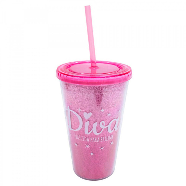 Copo Rosa Com Canudo Diva 450ml